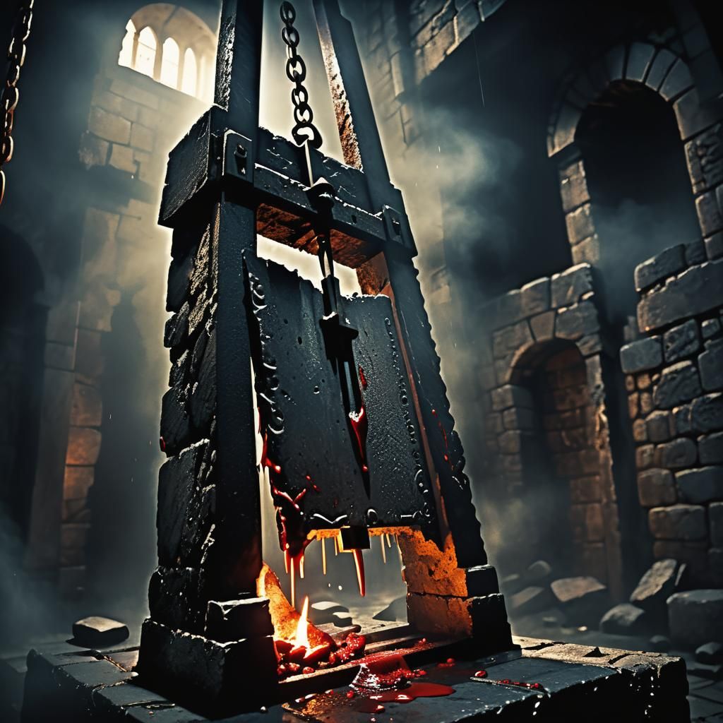 Dark Surrealism: Guillotine in Misty Alleyway
