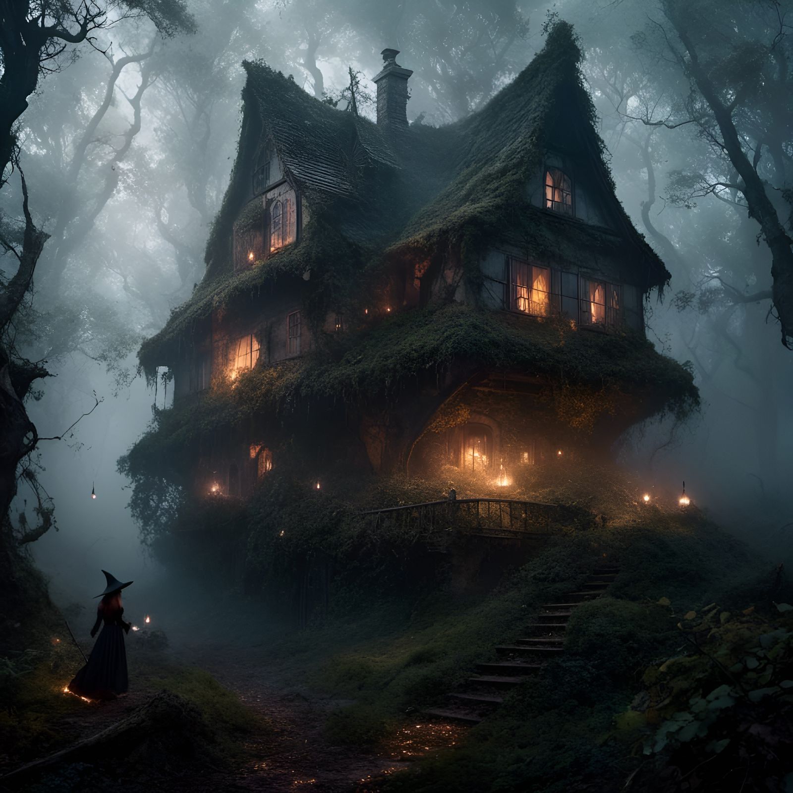 Cozy Witch House in Foggy Forest, Digital Art