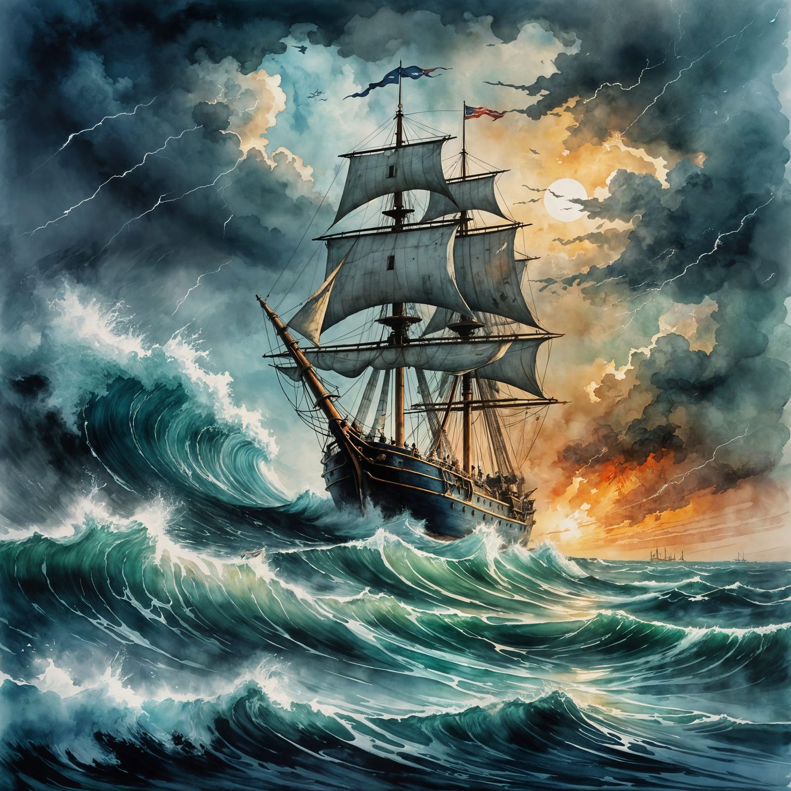Stormy Seas: A Watercolor Sailing Ship Illustration
