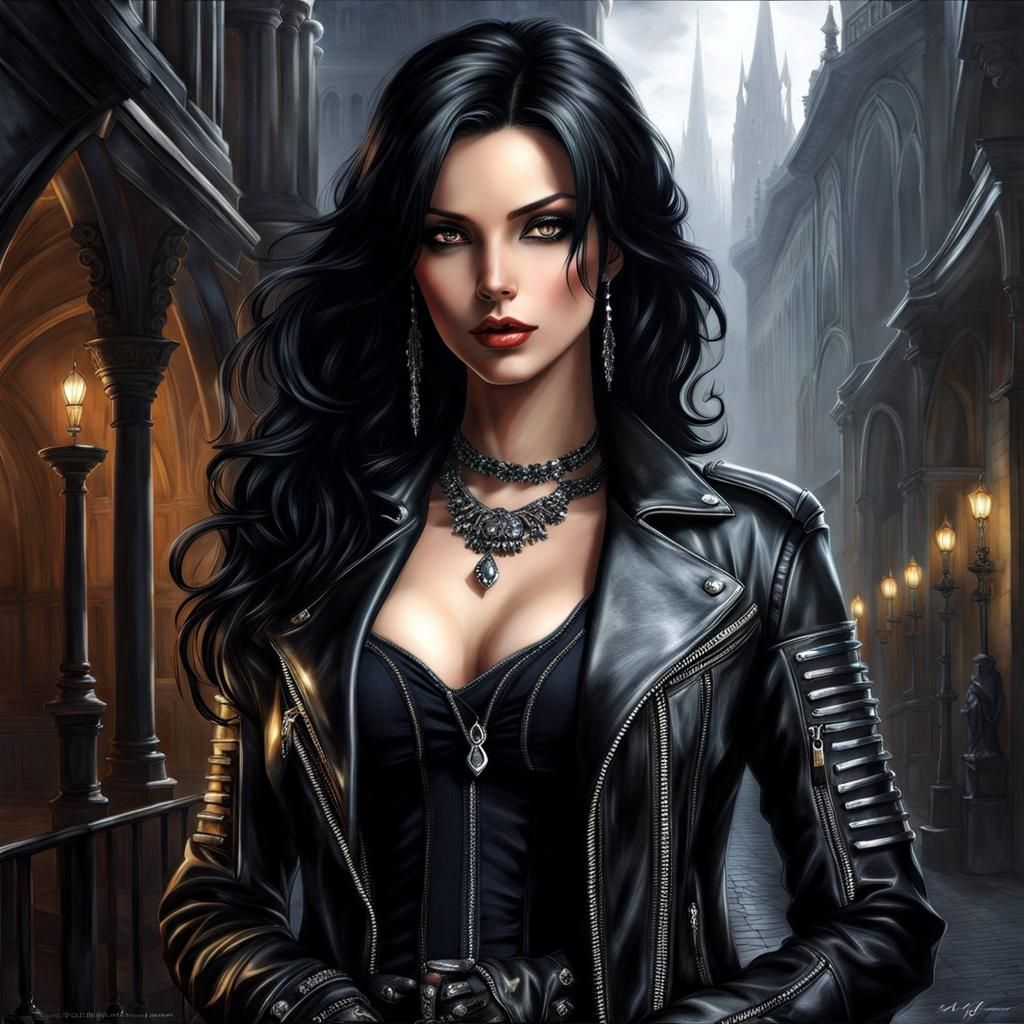 Gothic Girl in Leather Jacket: Royo and Giger Style