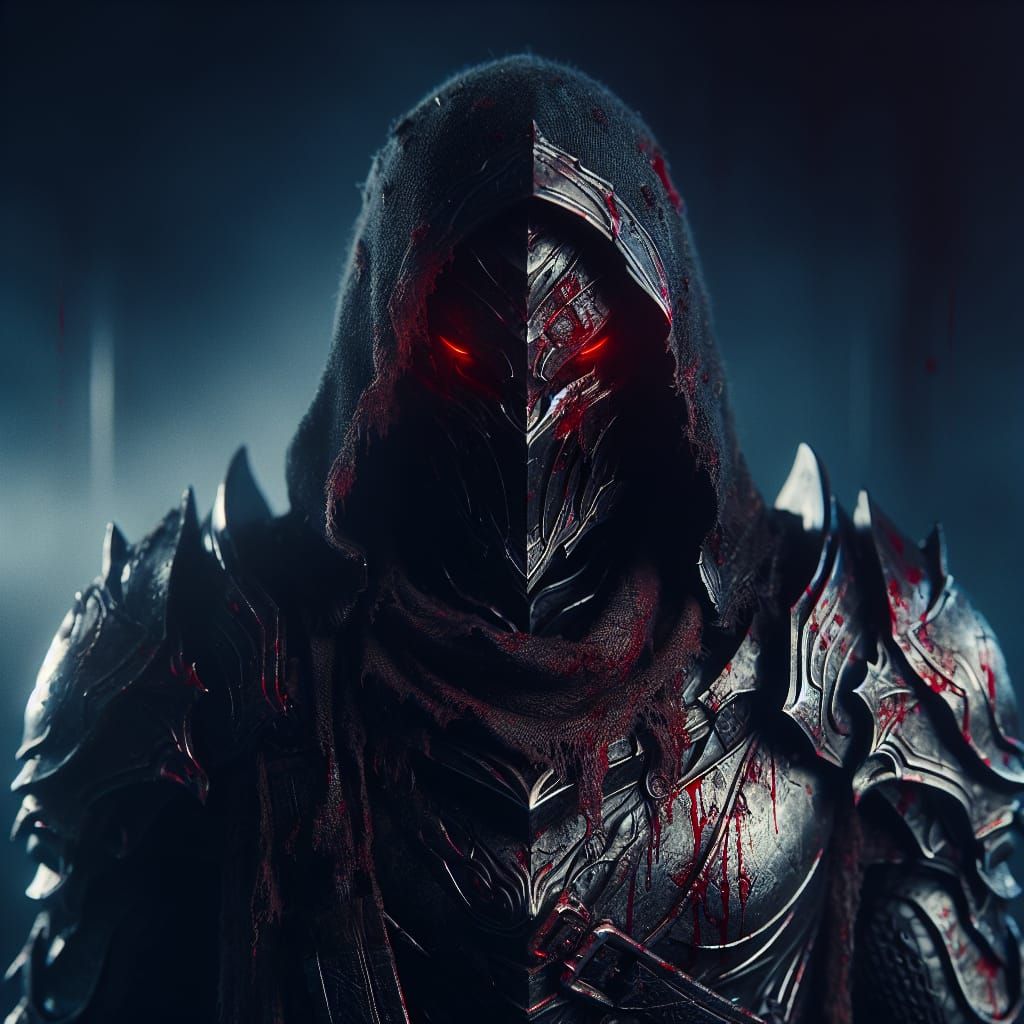 Warforged Assassin in Bloodied Armor with Red Eyes