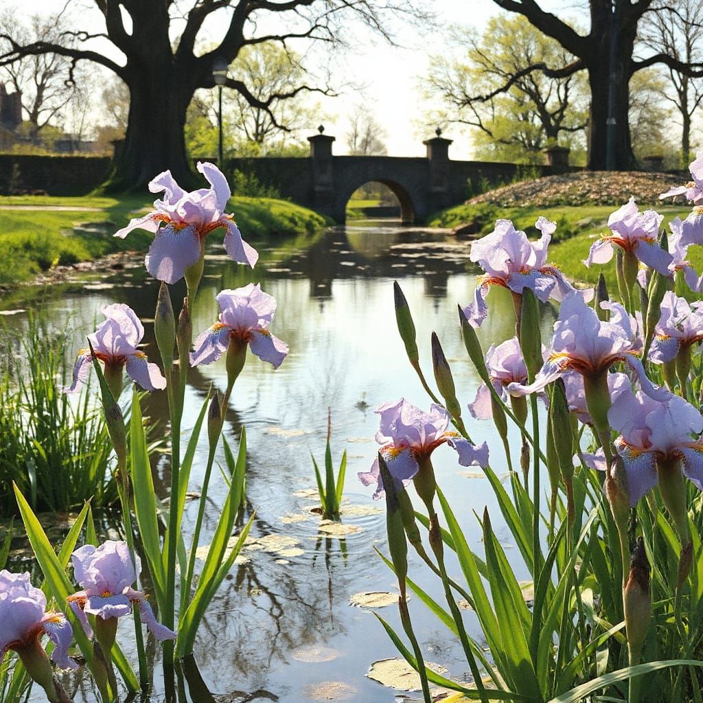 Impressionist Pond with Faint Purple Irises