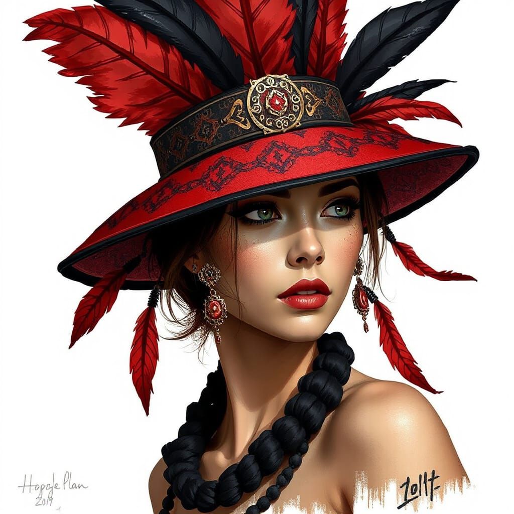 Vibrant Red and Black Illustration of a Woman in a Brimmed H...