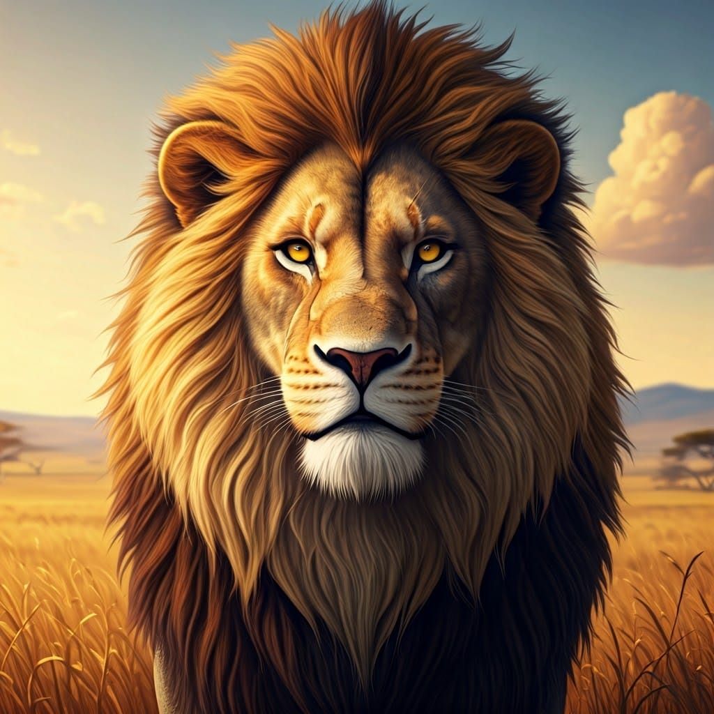 Majestic Lion in Golden Savannah, Anime-Inspired 3D Render