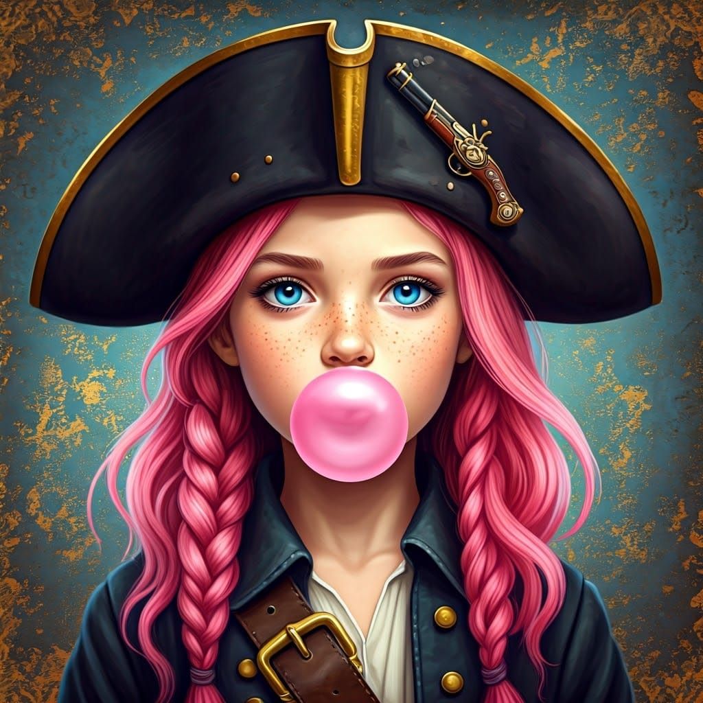 Pirate Girl Blows Pink Bubble Gum Bubble