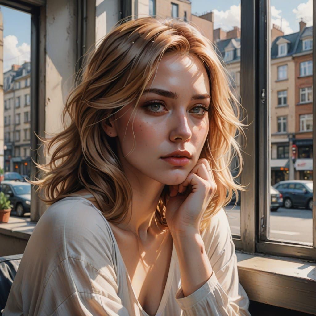 Sensual Woman Gazing Out Window: Watercolor Anime Portrait