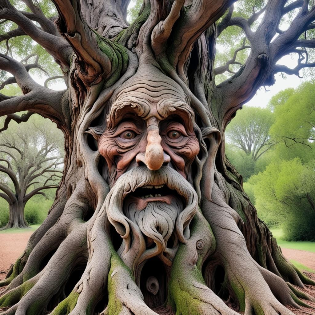 Wise Old Tree with Caring Face in Maximalist Style