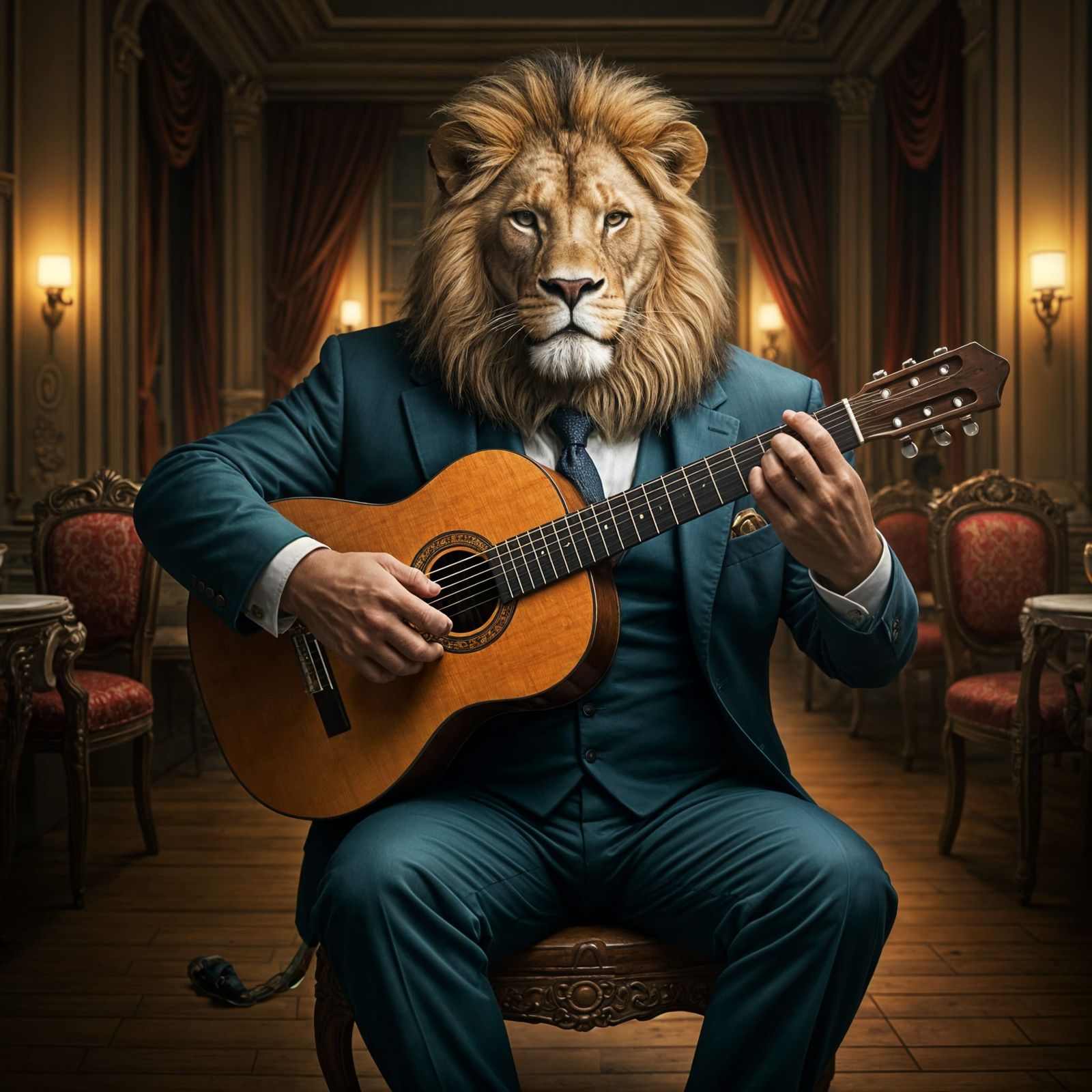 Lion Plays Guitar in Impressionist Painting