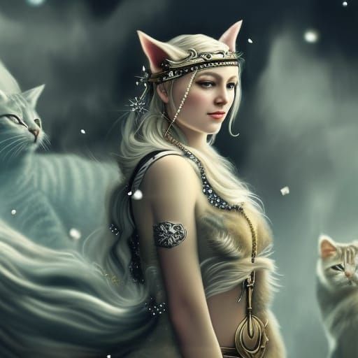 Freyja with Cats in Pastel Drawing Style