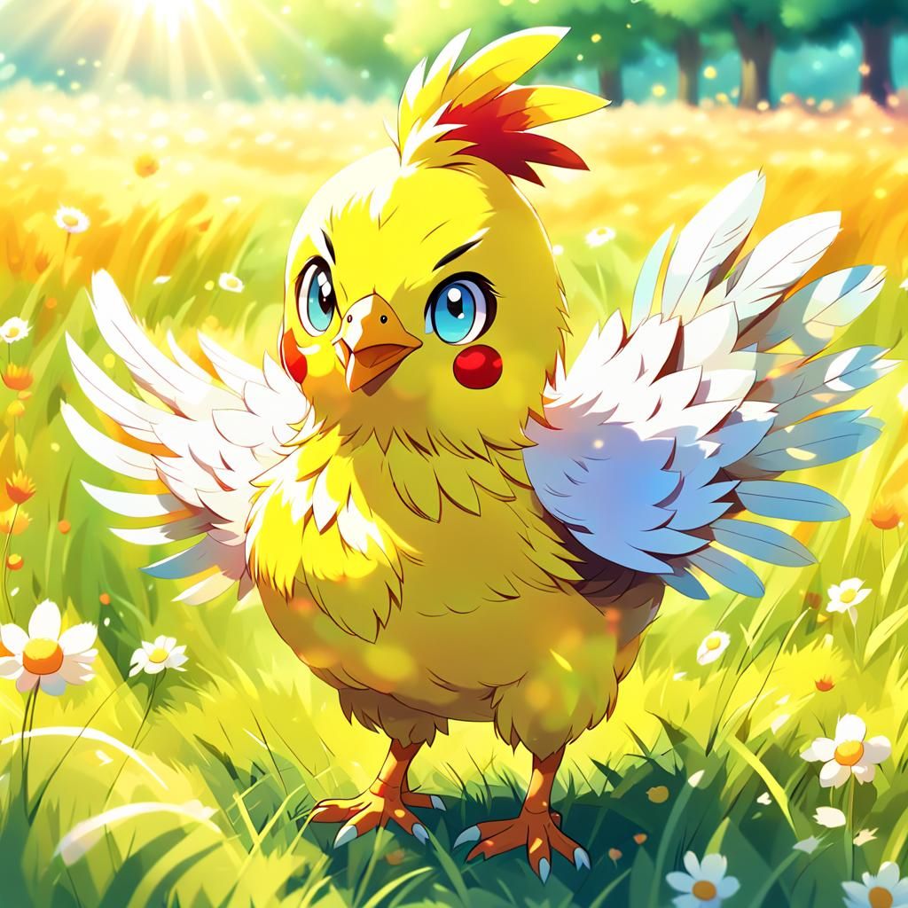 Cheerful Anime Chicken in Sunny Meadow