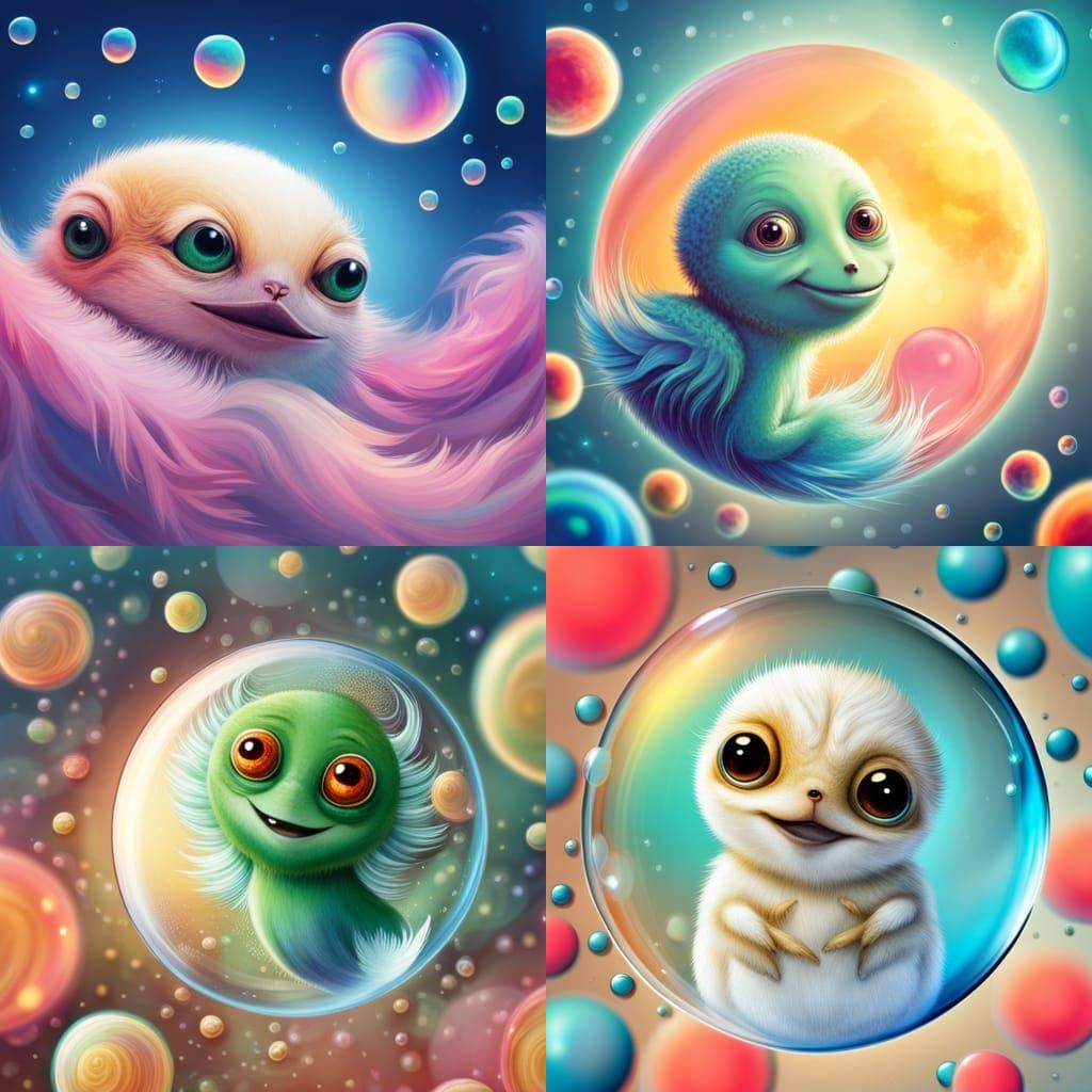 Friendly Furry Alien Creature in Cosmic Bubbles