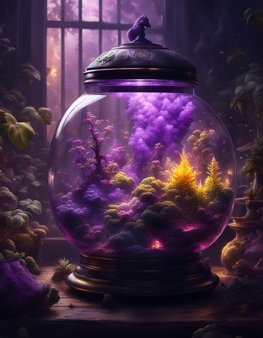 Shining Terrariums with Purple Smoke: Dark Fantasy Concept A...