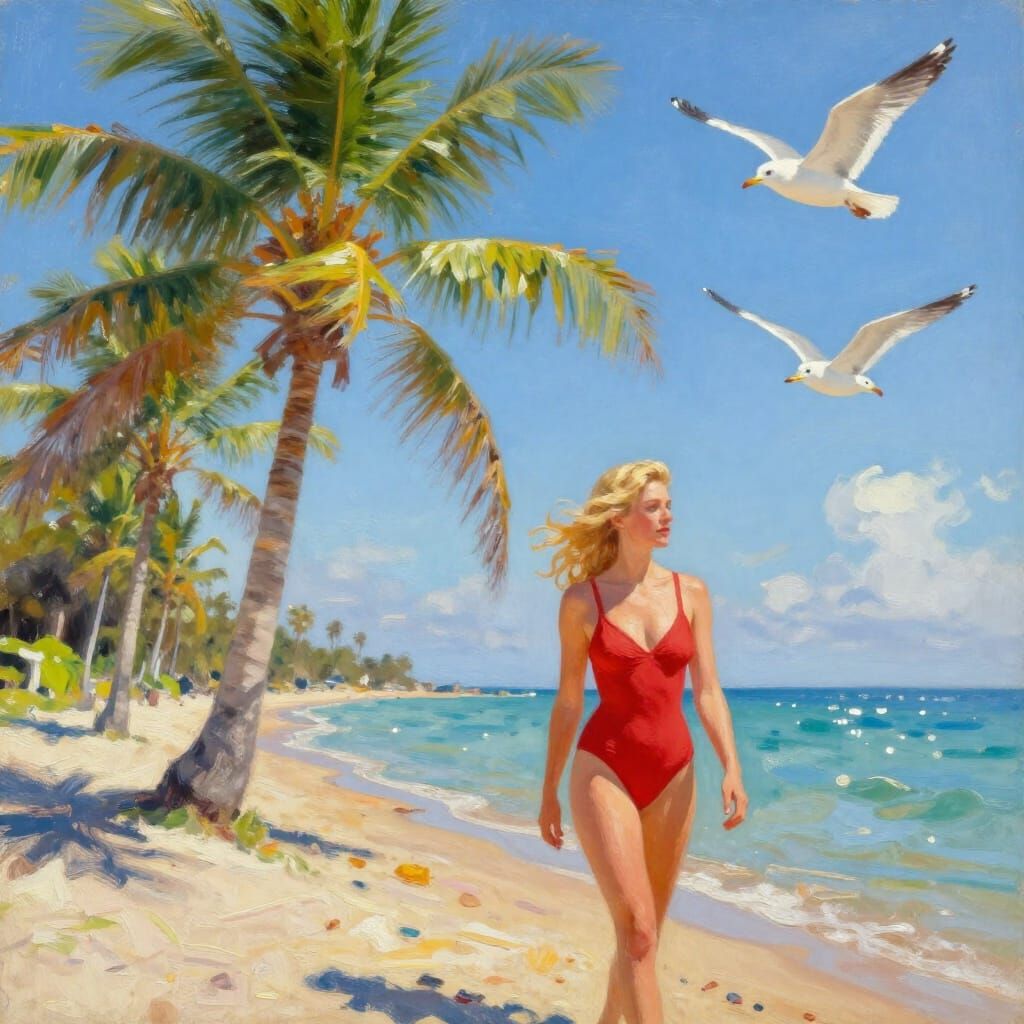 Impressionist Beach Scene with Lady in Red Bathing Suit