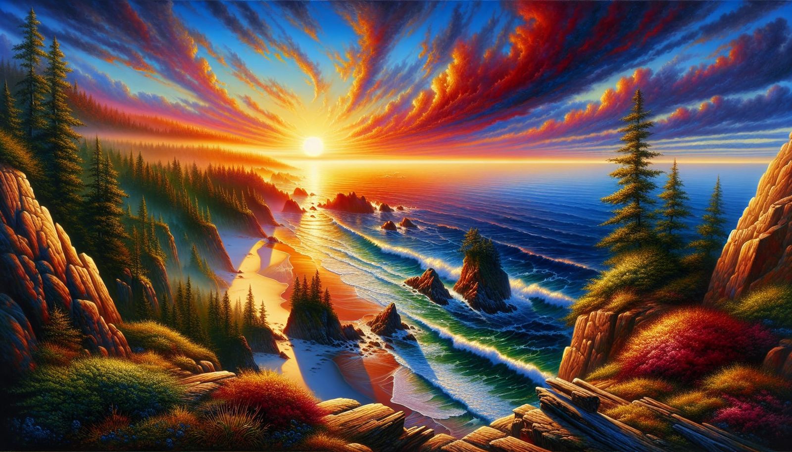 Pacific Sunset Oil Painting with Impasto Technique