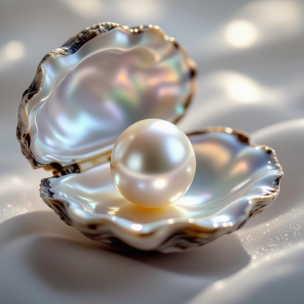 Lustrous Pearl on Iridescent Oyster Shell, Hyperrealistic Ma...