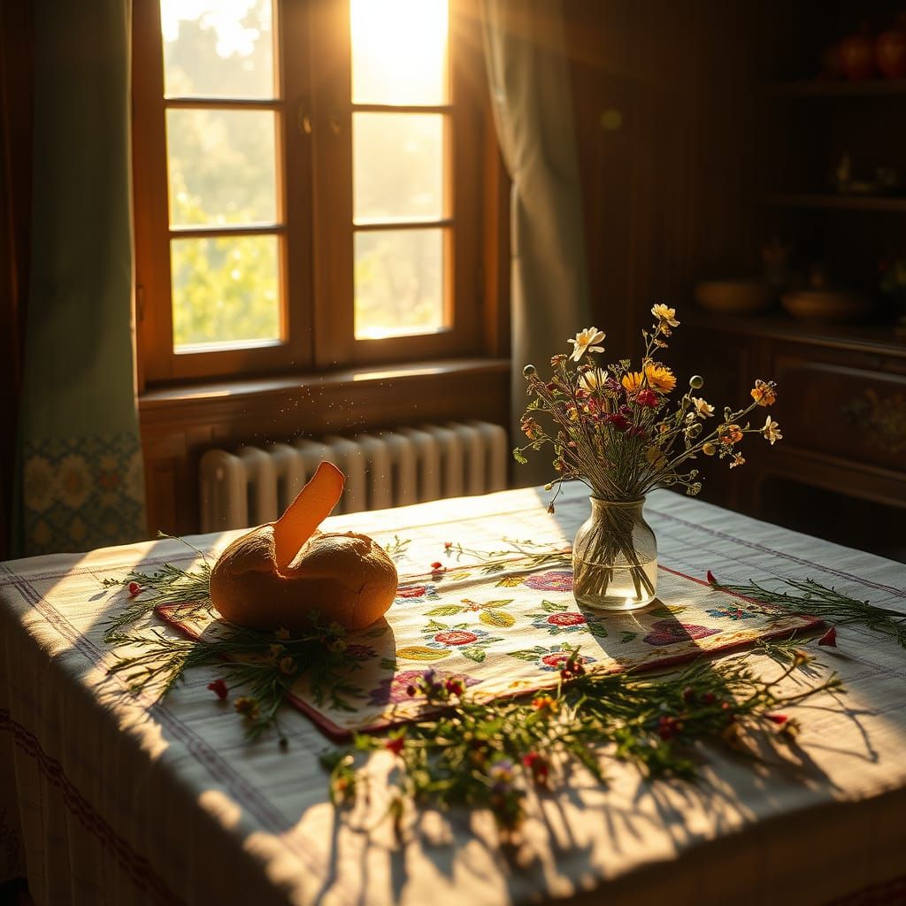 Traditional Ukrainian Countryside Scene with Fresh Florals a...