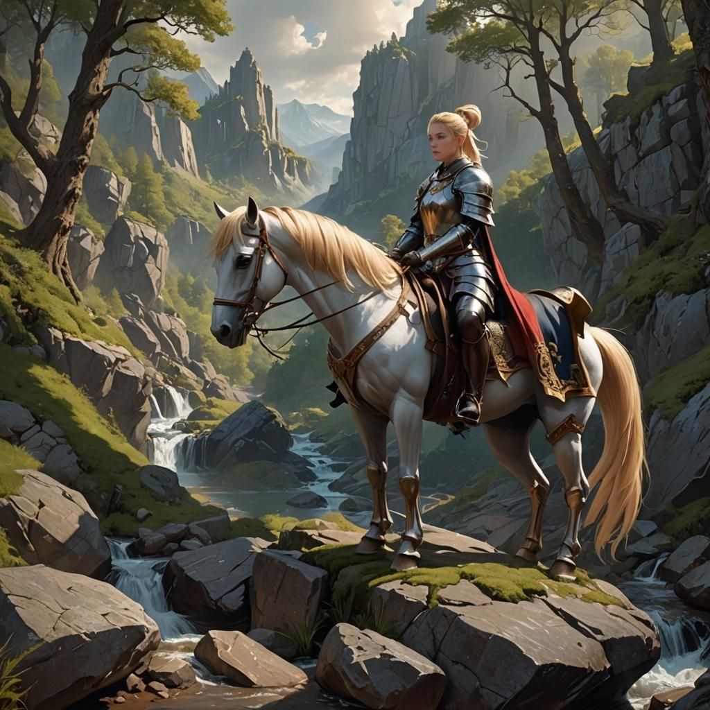 Female Knight and Horse Overlook Forest Stream