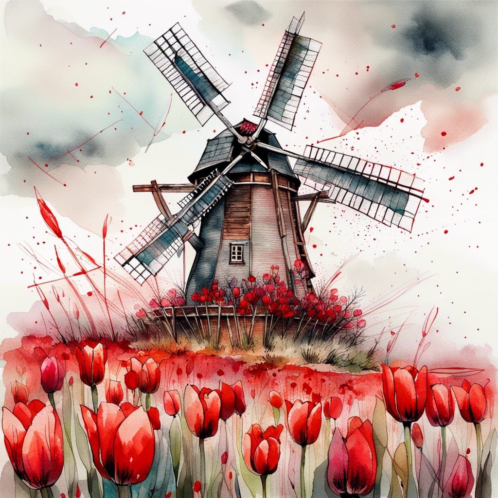 Windmill Amidst Tulips: Vibrant Watercolor Illustration