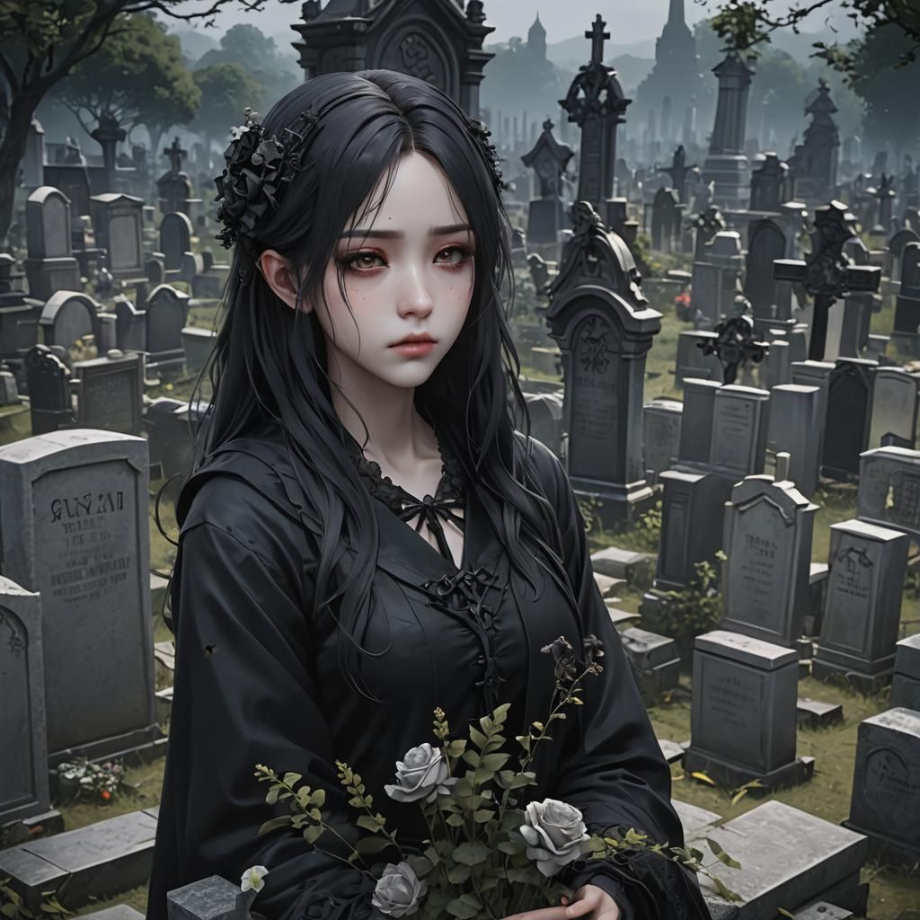 Melancholic Face in Gothic Cemetery: 3D Anime Art