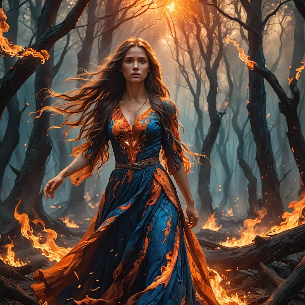 Girl Amidst Flames in Mystical Forest Concept Art