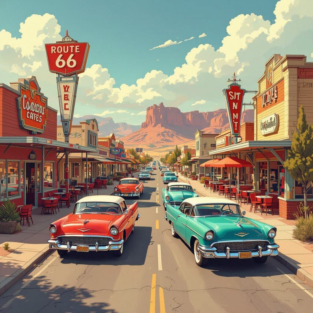 Vintage Cars on Route 66 in Retro Style