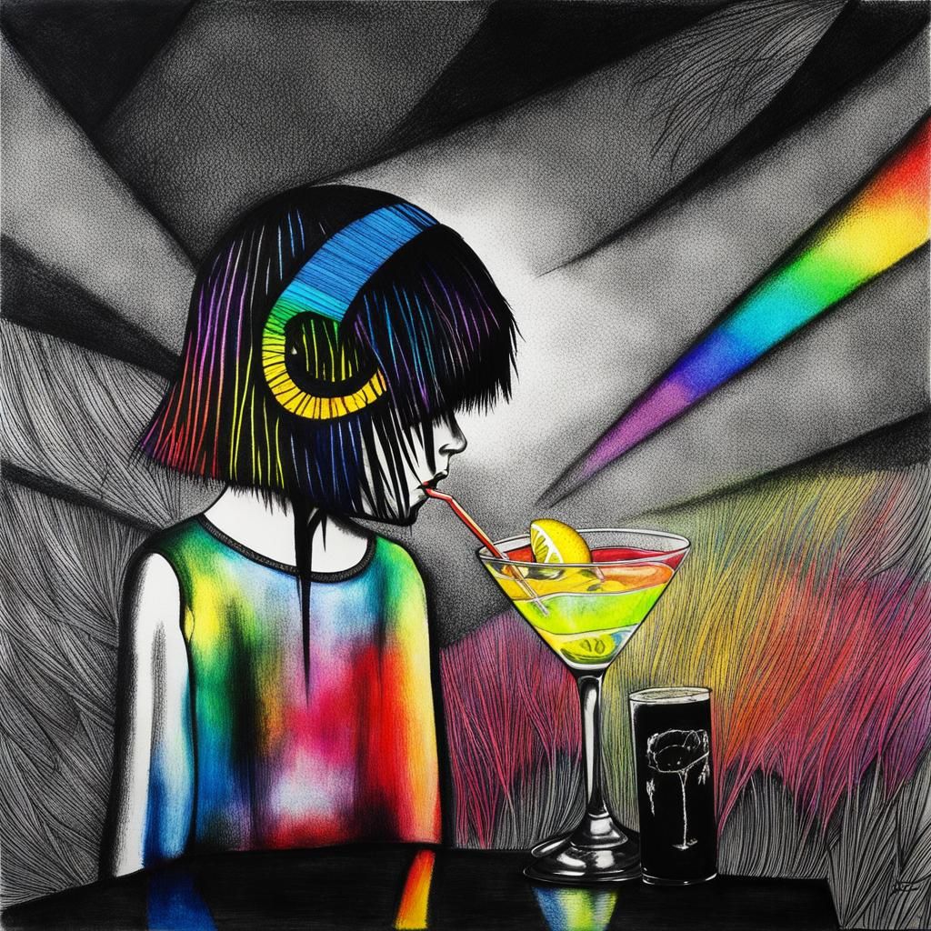 Gloomy Goth Teenager Drinking Lemonade in Surreal Drawing