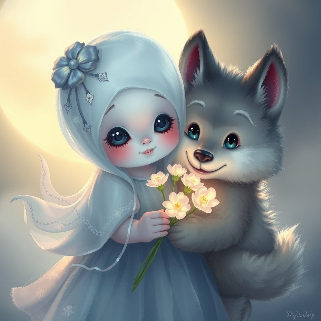 Glowing Ghost Girl Offers Flowers to Werewolf Cub