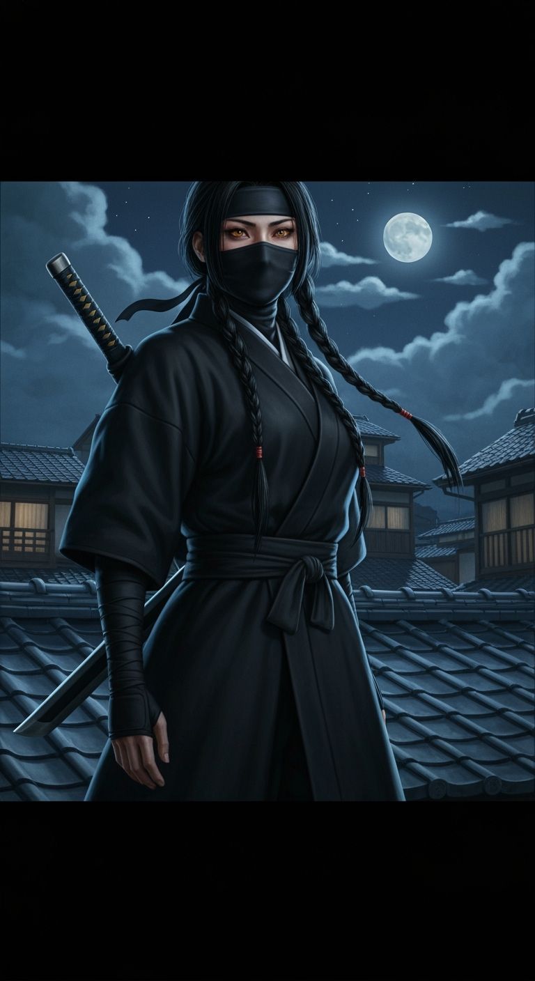Kunoichi on Rooftop in Cinematic Film Style