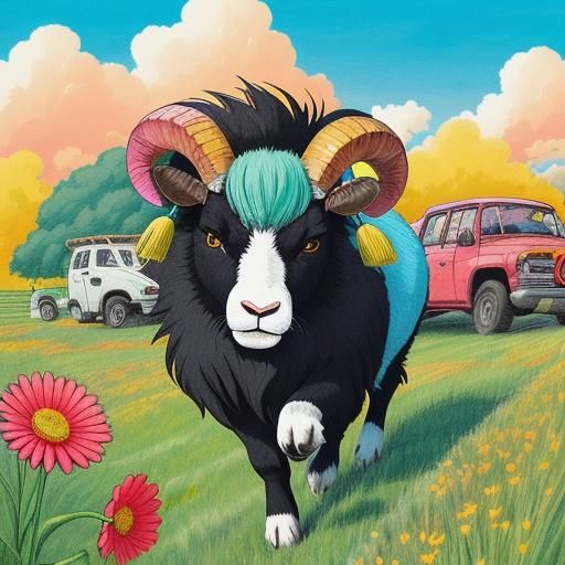 Ram Attacks Car: Crayon-Style Anime Drawing