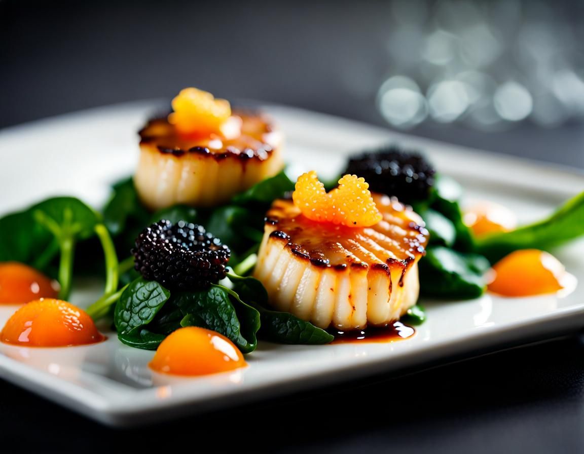 Caramelized Scallops with Caviar and Orange: Food Photograph...