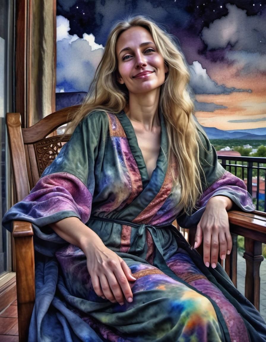 Watercolor Portrait of Woman on Balcony at Night