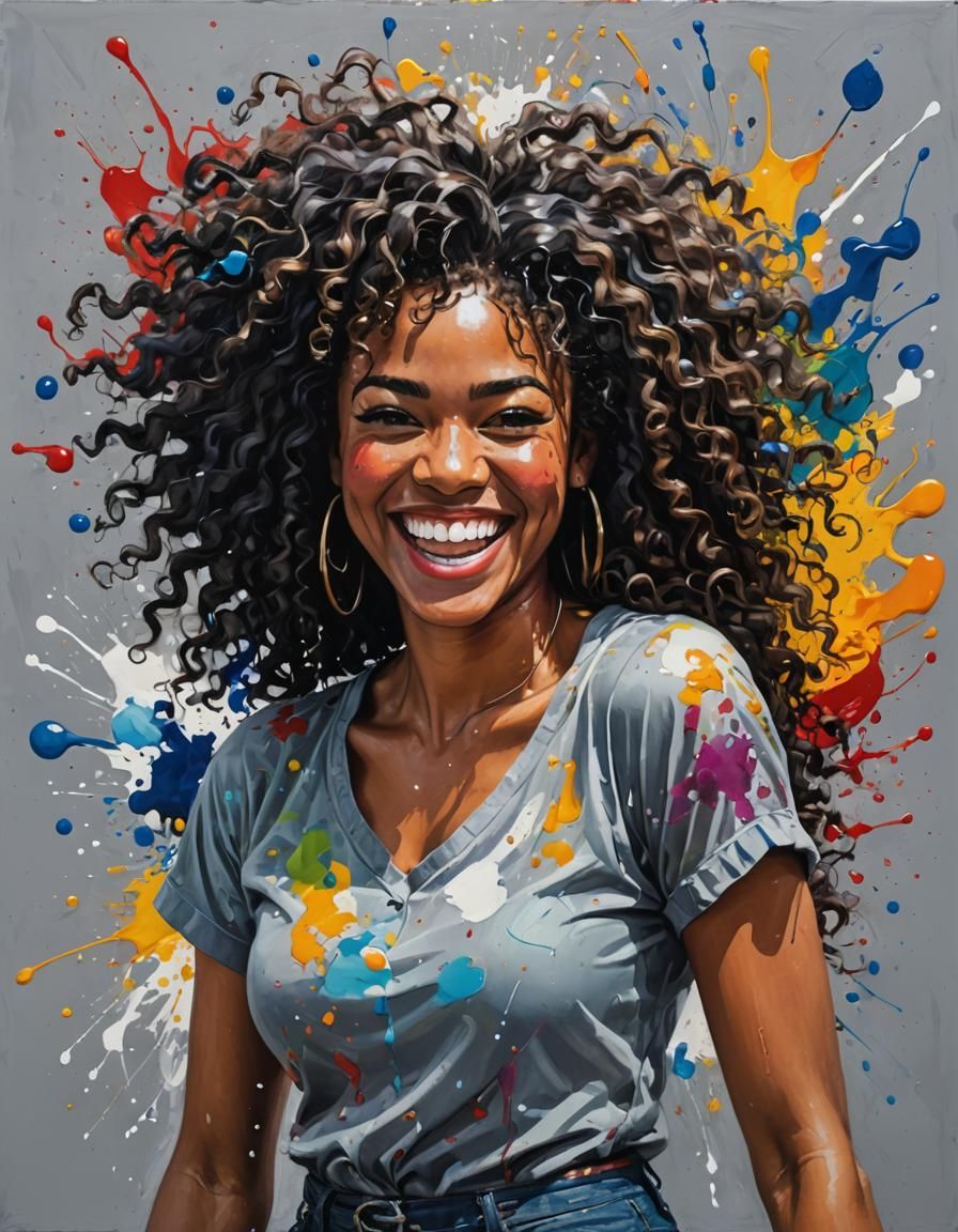 Cheerful Black Woman Portrait in Splash Art Style