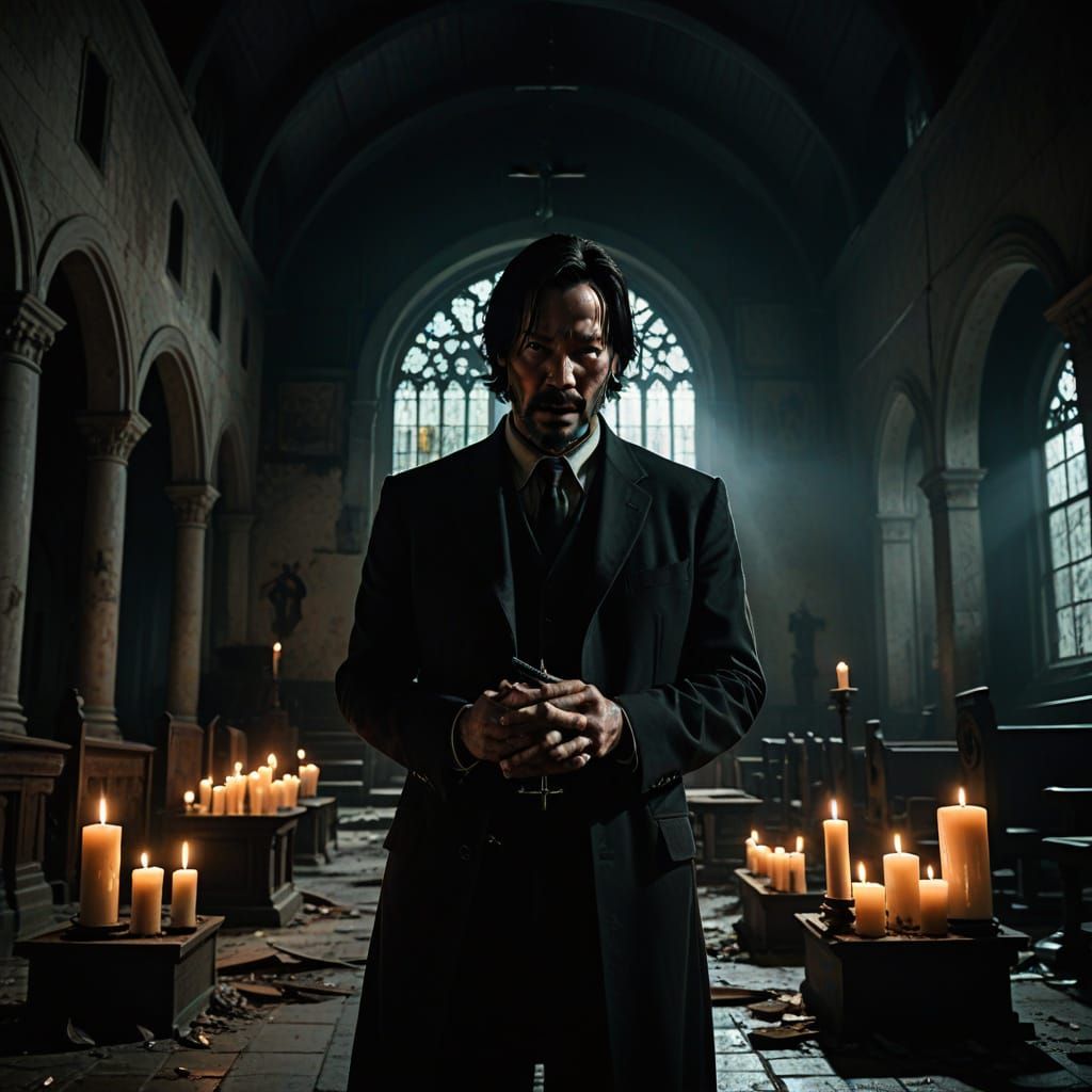 Keanu Reeves as a Dark Fantasy Exorcist in a Haunted Church