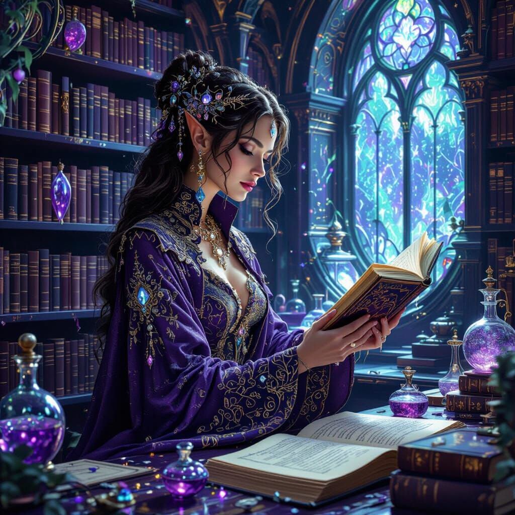Otherworldly Fae Librarian in Magical Library
