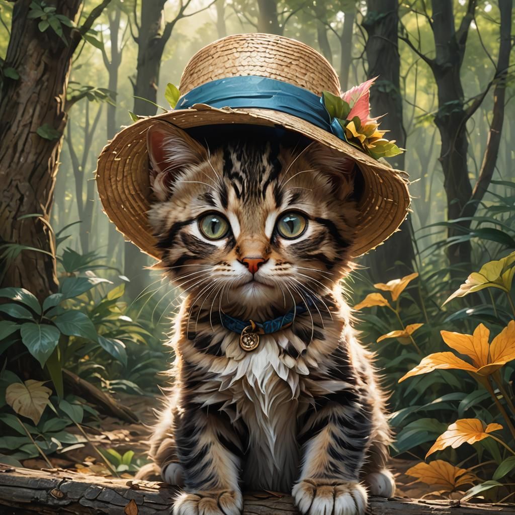 Kitten in Straw Hat: Hyperdetailed Country Portrait