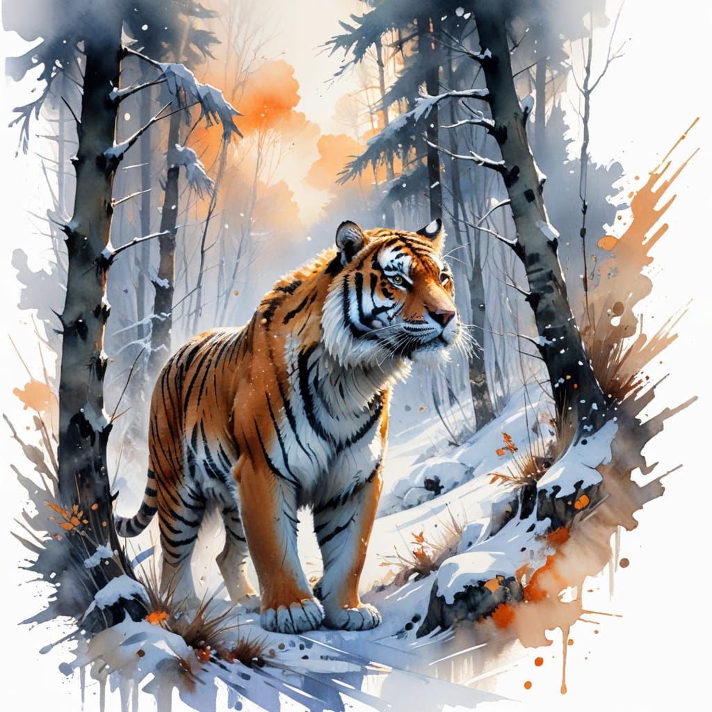 Siberian Tiger in Snowy Taiga, Watercolour Style