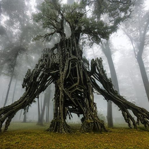 Cybernetic Tree Beast Stalks the Foggy Forest