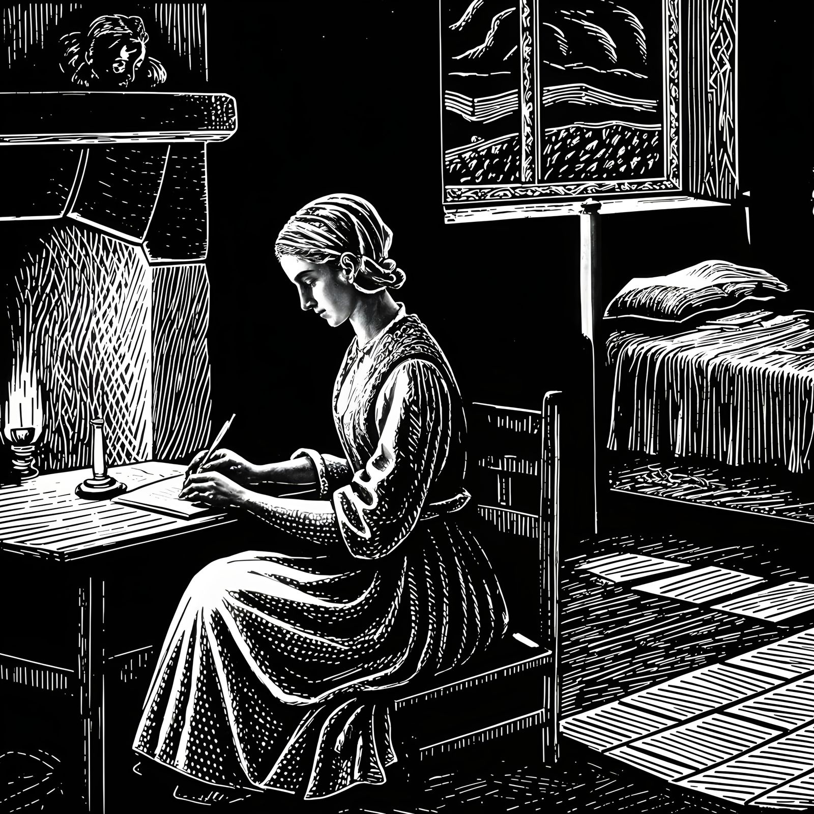 Spanish Renaissance Woman Writing by Candlelight