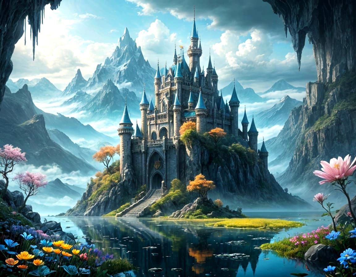Ethereal Fantasy Castle in Misty Mountains