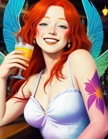 Red-Haired Fairy Drunk in a Bar, Line Art