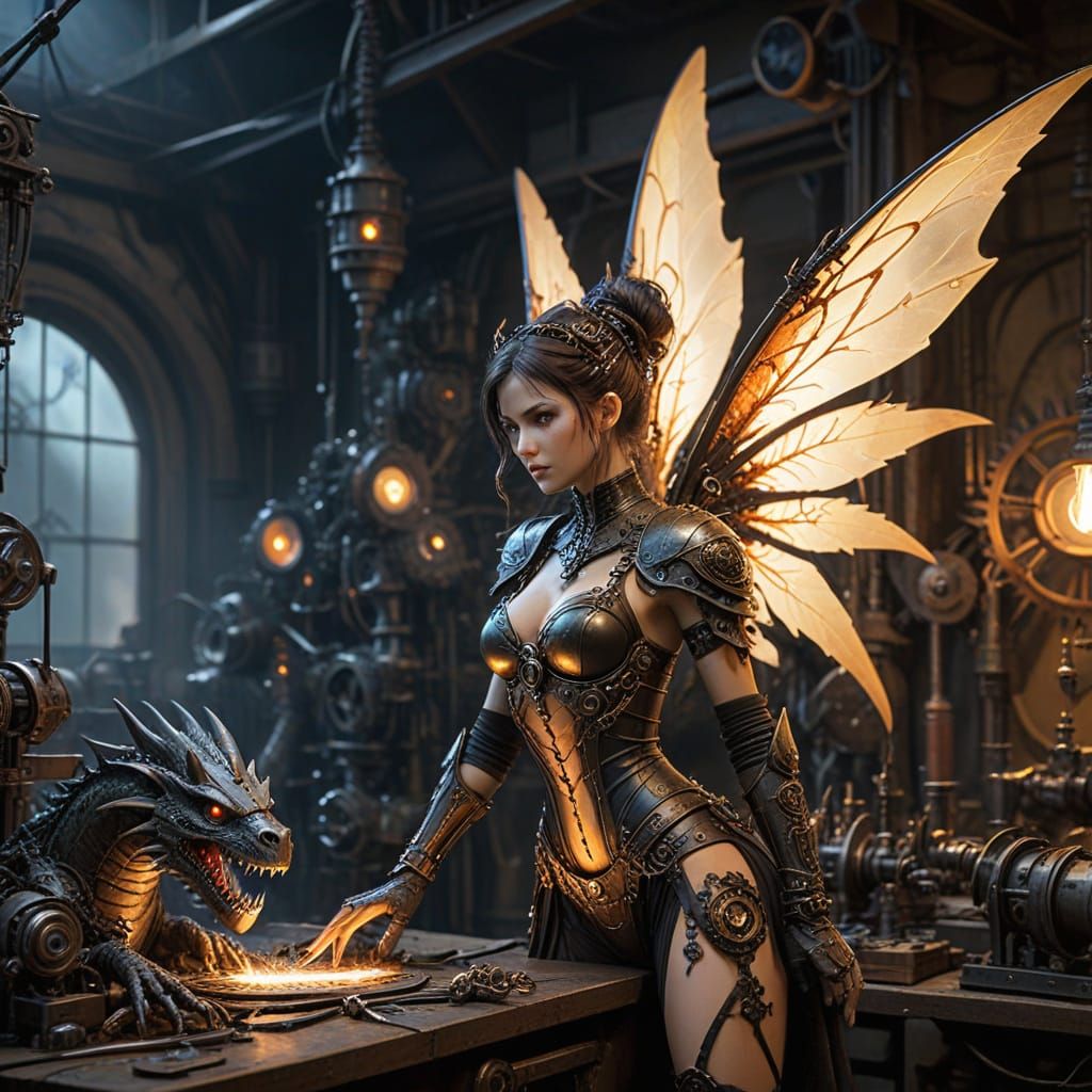 Steampunk Fairy Mechanic Repairs Clockwork Dragon