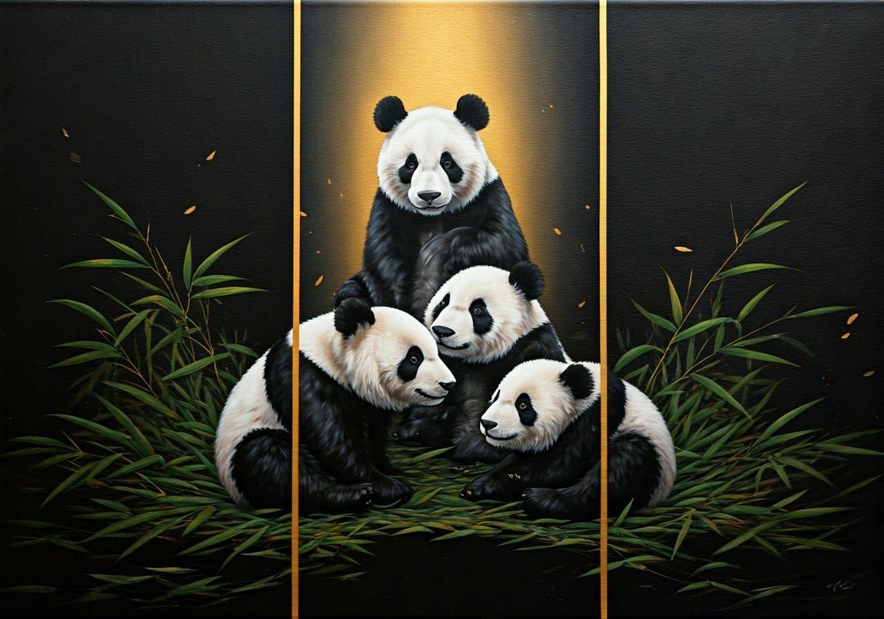 Pandas Form a Pyramid in Velvet Painting Style