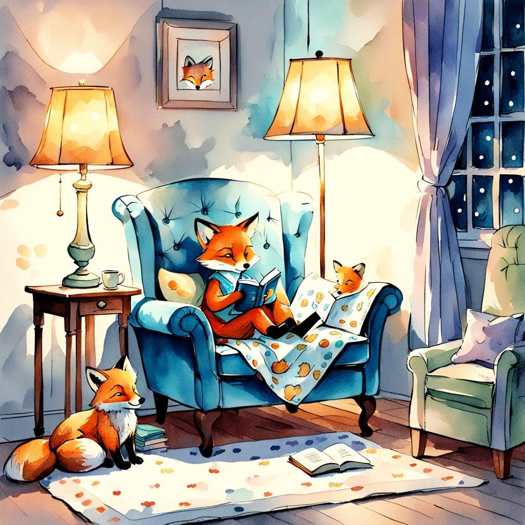 Mother Fox Reading to Cub: Digital Watercolor Illustration