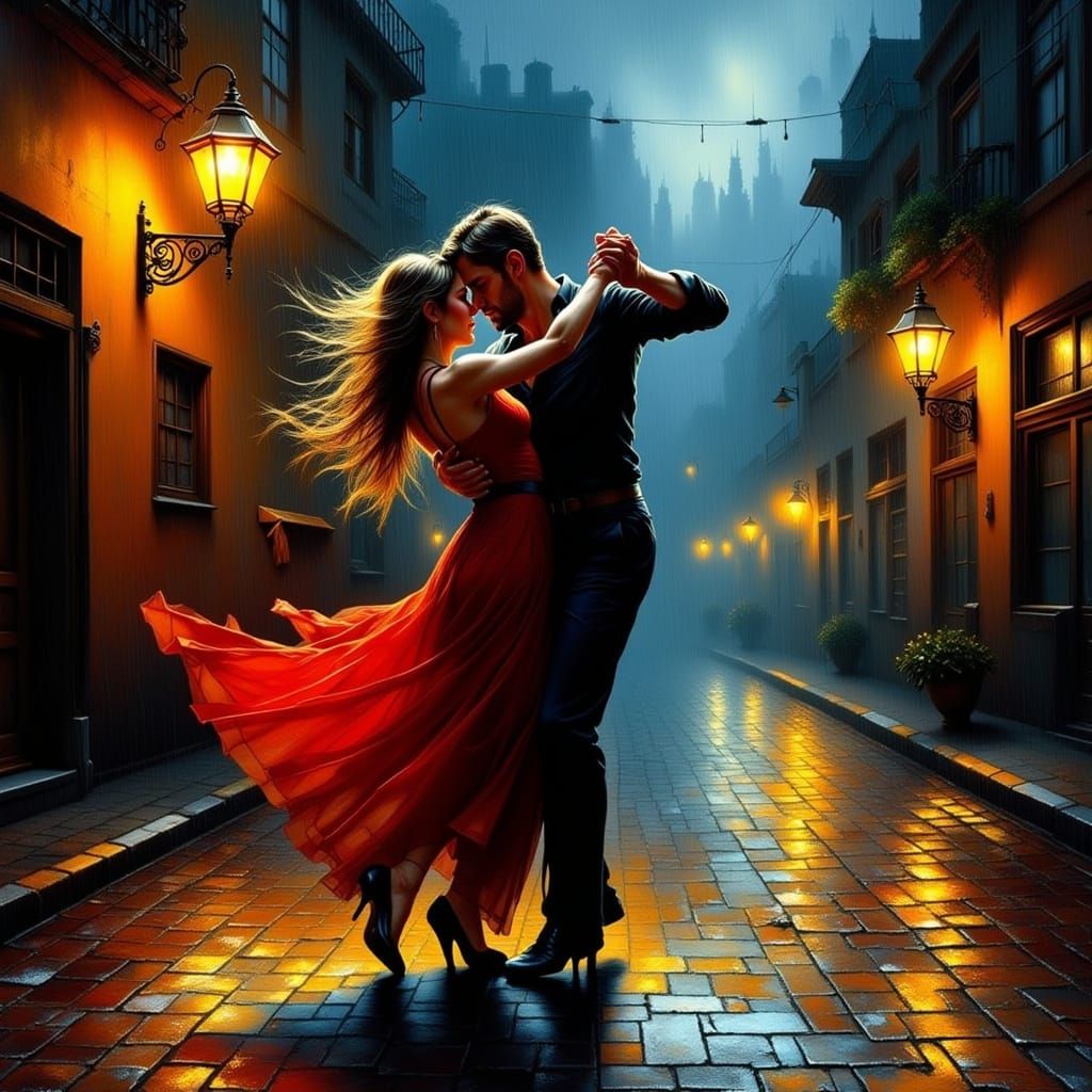Passionate Tango Dancers in Rainlit Street