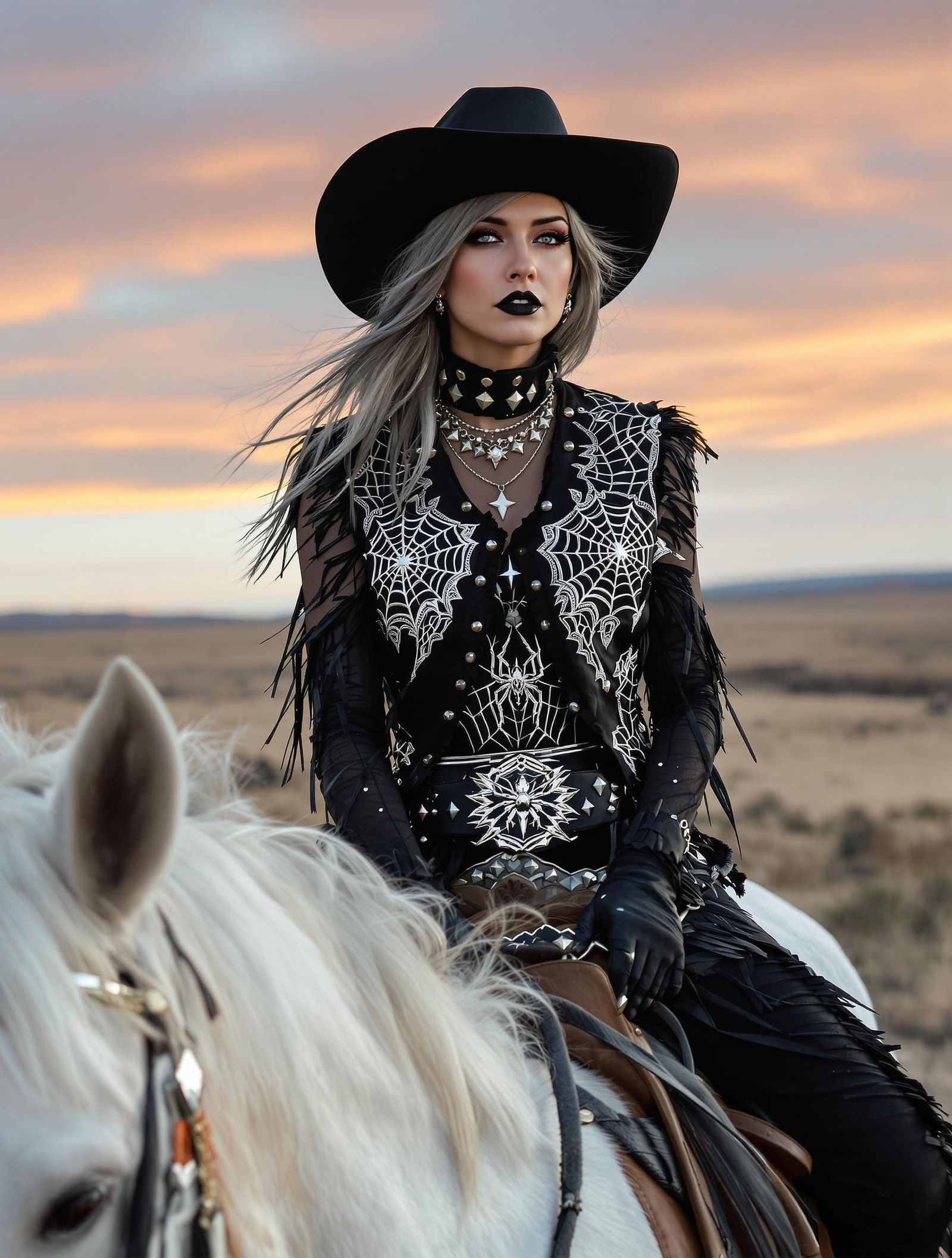 Western-Goth Woman on Horseback at Sunset