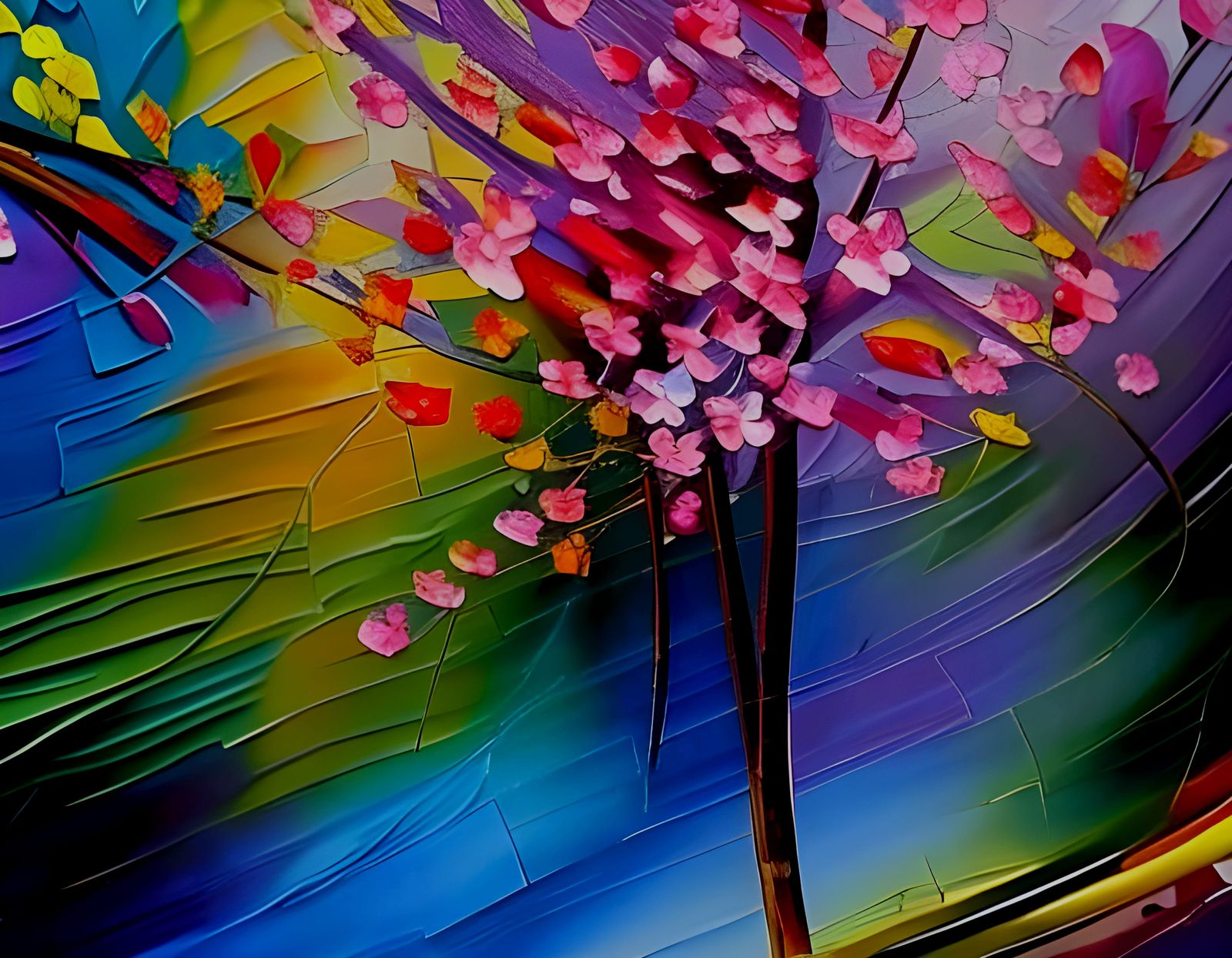 Vibrant Cherry Blossom Tree in Impasto Oil Painting