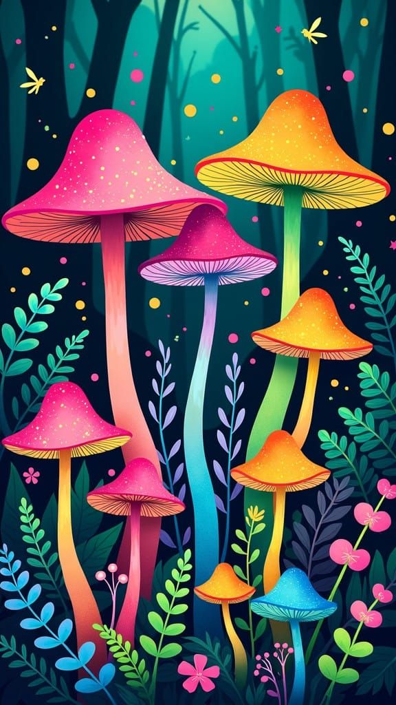 Vibrant Fantasy Mushrooms in a Whimsical Forest