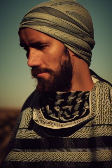 Man in Keffiyeh Amidst Desert Landscape