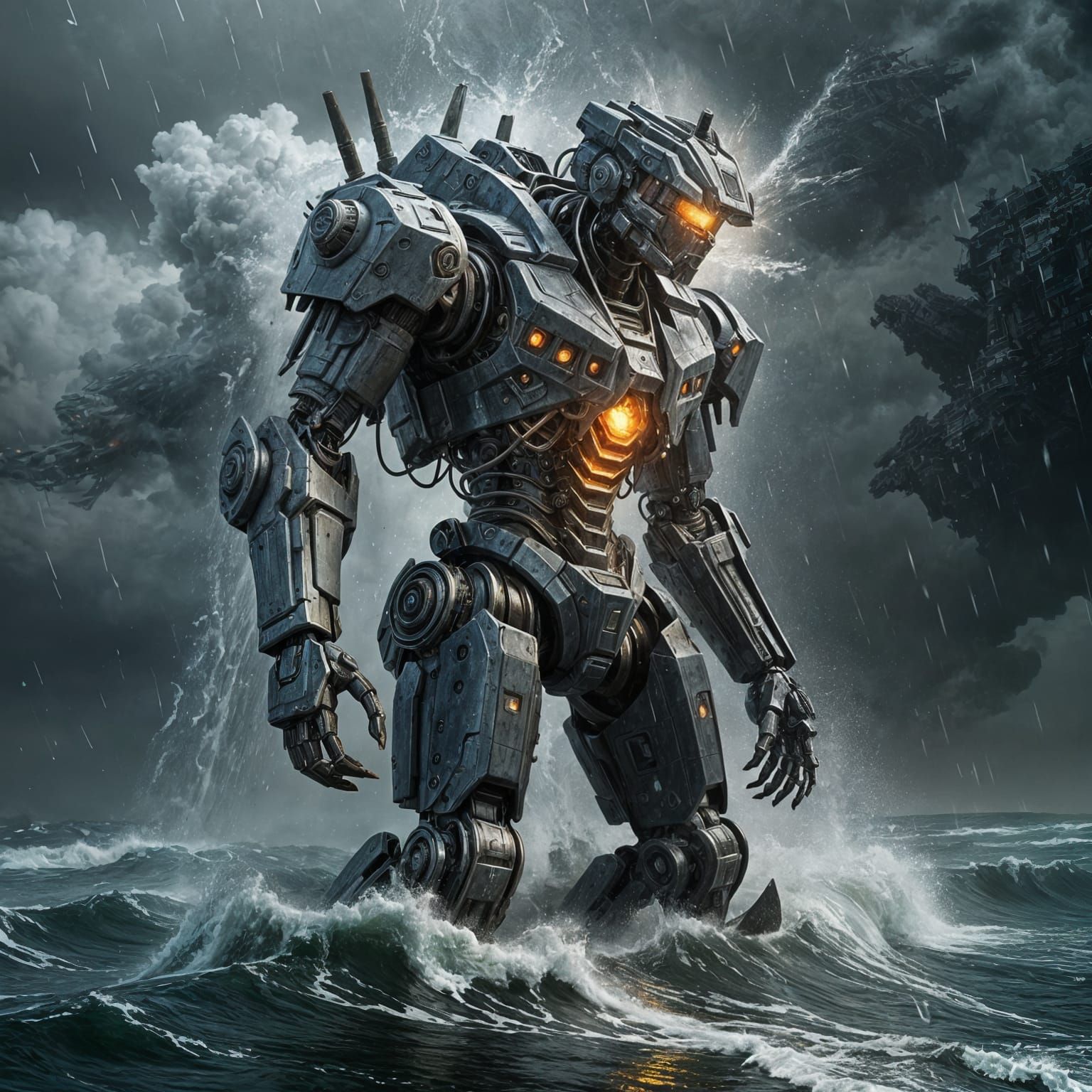 Cyberpunk Giant Mecha Rises from the Ocean