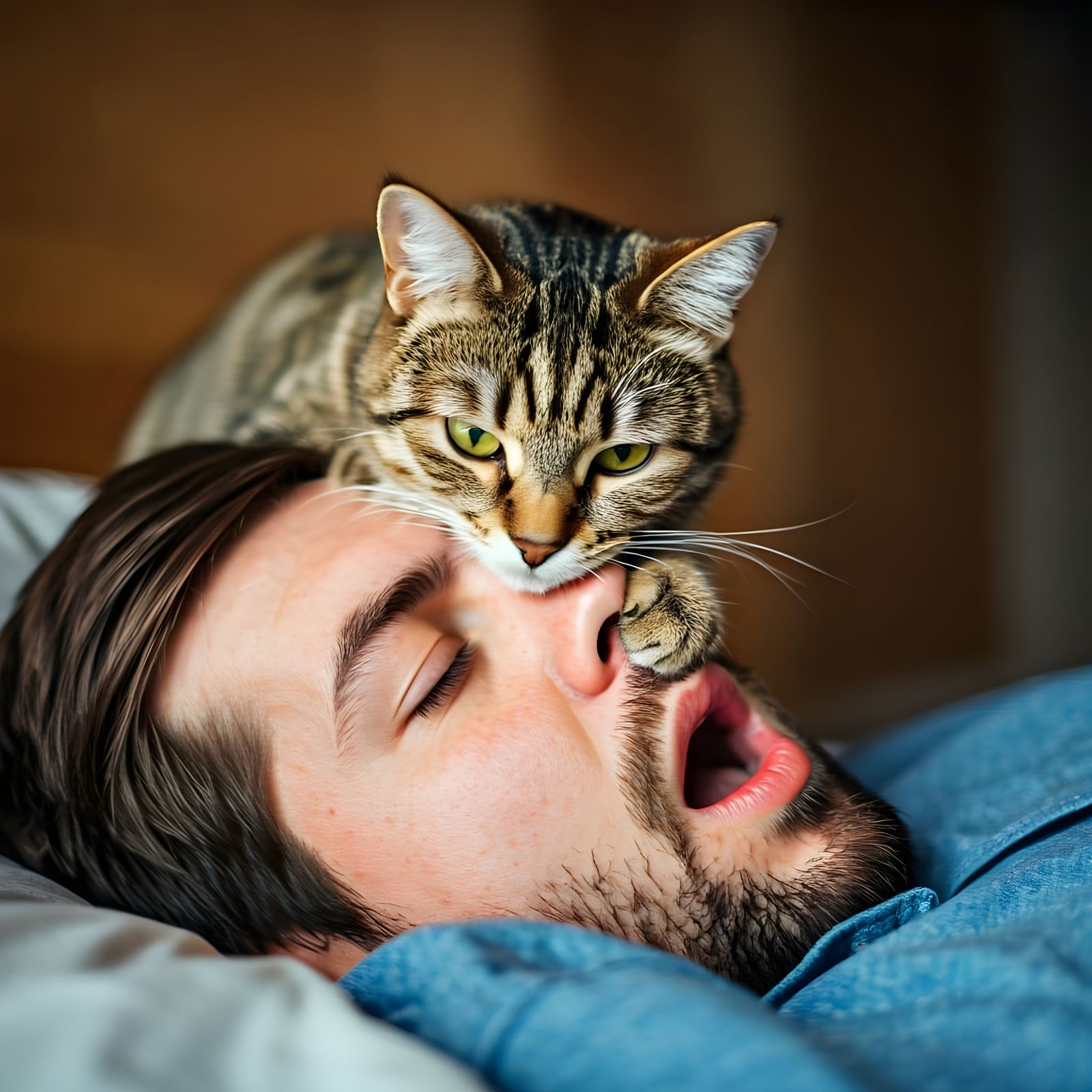 Cat Awakens a Snoring Man with Playful Pounces